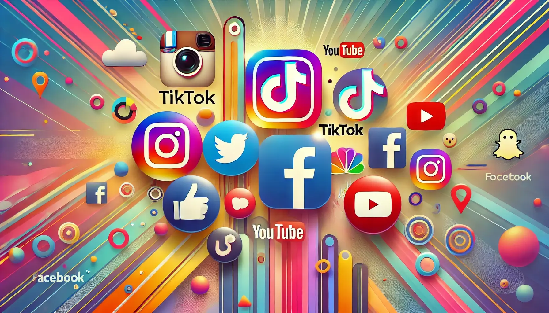 A colorful banner image featuring icons of popular social media platforms such as Instagram, TikTok, YouTube, Facebook, and LinkedIn set against a dynamic background with abstract shapes and gradients, emphasizing millennial engagement and connectivity.